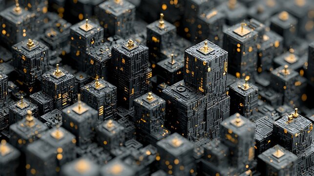 Abstract futuristic city of dark metallic blocks with golden glowing lights and circuit patterns, representing digital technology, AI, and data networks. - Powered by Adobe