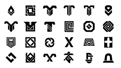 Fototapeta premium Abstract Geometric Line Art Logos. Vector Set of Maze, Tribal, and Optical Illusion Symbols for Fashion, Gaming, and Luxury Branding.