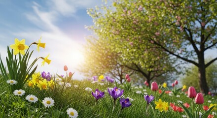 Obraz premium A vibrant spring garden with daffodils, tulips, and crocuses in full bloom under a clear blue sky with a few scattered clouds.