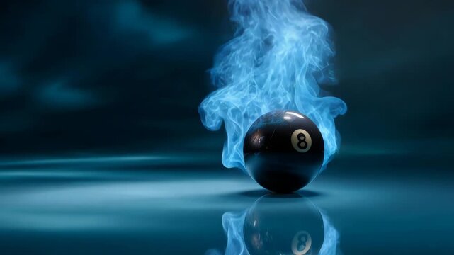 Mystical 8 Ball with Blue Flames and Reflections on a Shiny Surface
