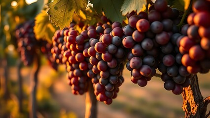 sangiovese. Deep red Sangiovese grapes ripening on the vine in a vineyard at sunset. inspiring travel planning, menu design, designed for culinary blogs and recipe cards for restaurants.
