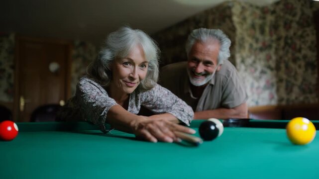 Senior couple enjoy playing pool together at home in their leisure time