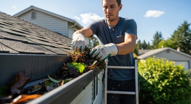 A man cleaning a roof with a ladder and gloves.