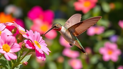 Naklejka premium selectively. Hummingbird hovering at garden flowers with motion blur wings and floral background. wildlife magazines, conservation campaigns, designed for nature documentaries and education.