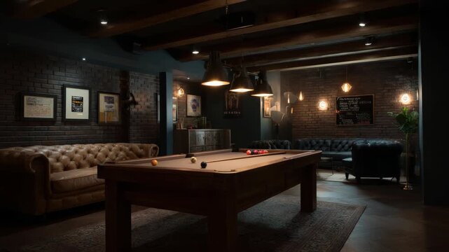 Elegant billiards room featuring vintage leather sofa and billiard table
