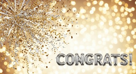 A festive, celebratory image with gold and silver confetti and balloons against a golden bokeh background.
