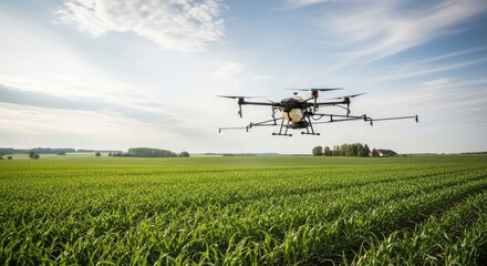 Naklejka premium A drone flying over a green field with a blue sky in the background.