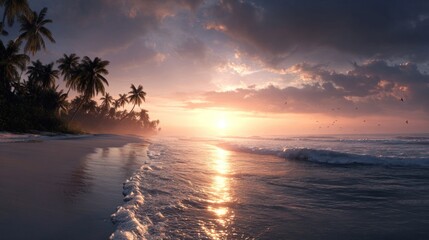 A serene beach at sunset, featuring gentle waves, palm trees, and a colorful sky, creating a tranquil and picturesque coastal scene.
