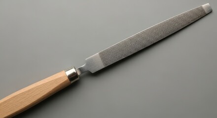 A metal file with a wooden handle on a gray surface.