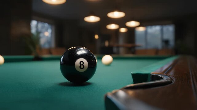 8-Ball on a Green Pool Table in a Game Room with soft Lighting