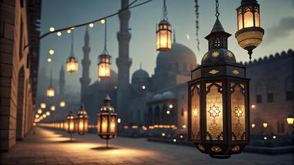 Obraz premium Ornate lanterns illuminate a mosque courtyard at dusk