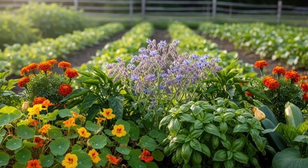 Naklejka premium A vibrant garden bed with rows of colorful flowers and herbs, including marigolds and basil, in a lush green garden setting.