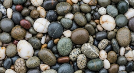 A collection of variously colored pebbles arranged in a natural, organic pattern.