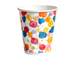 Paper cup with colorful pattern isolated on transparent background