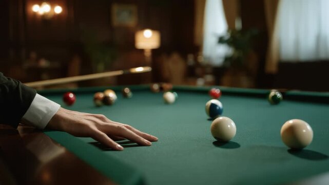 Elegant billiard game with hand aiming a cue ball on a green table