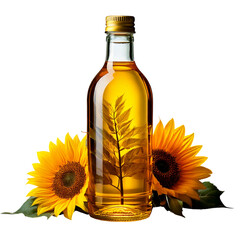 Bottle of sunflower oil with sunflower flowers
