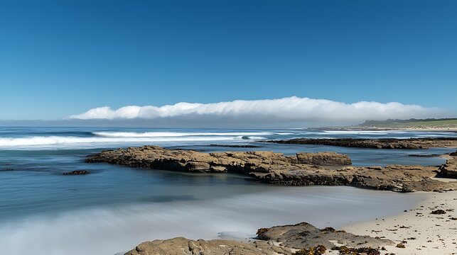 Long Exposure Coastal Landscape with Silky Ocean Waves, Rocky Beach, and Unique Horizontal Cloud