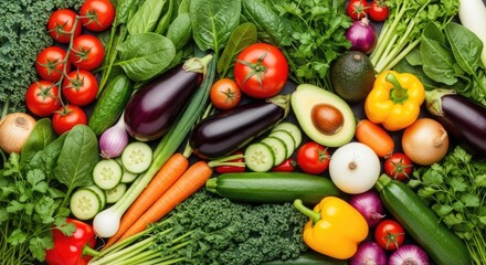 A vibrant assortment of fresh vegetables and fruits on a dark background.