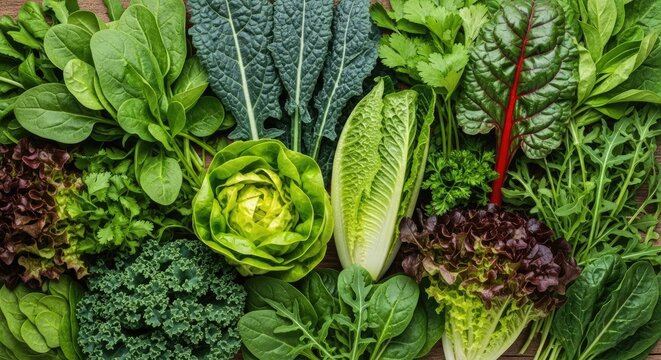 A variety of fresh green leafy vegetables arranged on a wooden surface.