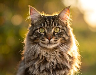 Close-up of a long-haired tabby cat with green eyes, backlit by sunlight