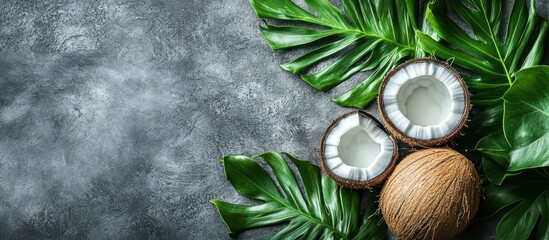 Tropical coconuts & leaves on dark background