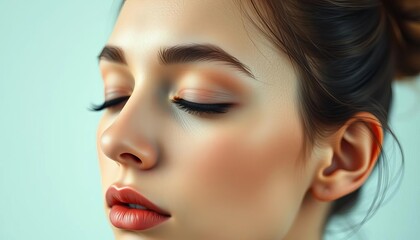 Serene facial close-up with closed eyes, head gently tilted, neat bun, natural aesthetic, minimal beauty,  pulled back,  calm