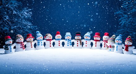 A line of cute snowmen wearing hats and scarves in a snowy forest at night Keywords: snowmen, winter, christmas, holiday, cute, characters, line, row