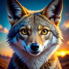 A close-up portrait of a coyote with striking yellow eyes against a warm sunset sky.