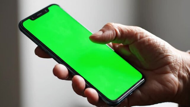 Hand holding a modern smartphone with a green screen for customization