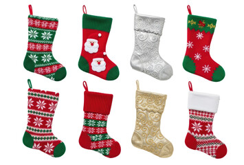 A collection of eight Christmas stockings with various designs and colors.
