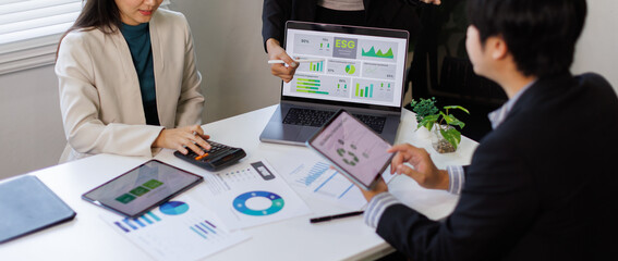 Team Collaboration on ESG Project with Digital Tools Business group meeting plan to green business investment strategy for sustainable.
