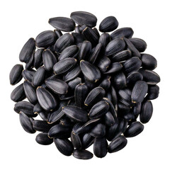 Pile of black sunflower seeds on white background