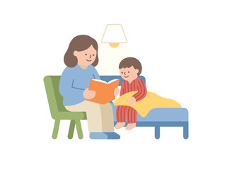 Mother reading a book to her son in bed.