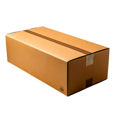 Brown cardboard box with tape and label on white background
