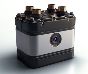 rugged compact industrial camera module with central lens, gold threaded connectors and bolted black and silver metal housing conveying precision and durability