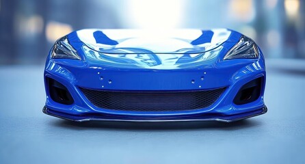 close-up front view of a glossy blue sports car with aggressive headlights, black mesh grille and low aerodynamic bumper reflecting urban lights, sleek futuristic and powerful mood