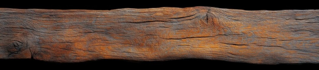 Obraz premium long weathered wooden beam with deep grain, knots and cracks on a black background, rustic orange-gray patina conveying aged, rugged calm