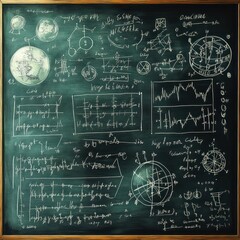 green chalkboard filled with hand-drawn scientific diagrams, planetary sketches, graphs, equations and notes conveying focused analytical curiosity