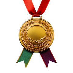 Golden medal with red ribbon and green purple medal ribbon