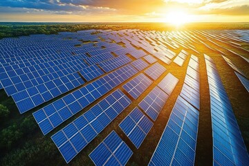 Aerial view of a vast solar panel farm at sunrise with glowing sunlight reflecting off rows of blue photovoltaic panels, evoking hope and clean sustainable energy