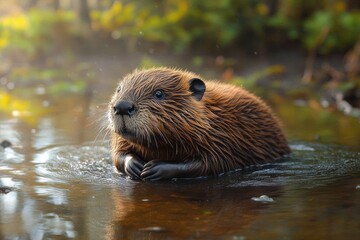 young beaver resting in shallow water with wet brown fur and curious peaceful expression in warm soft golden light