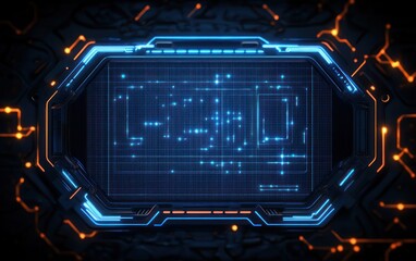 Blue holographic control screen framed by dark metallic console with neon circuitry and orange accents, glowing data grid and points conveying futuristic high-tech precision