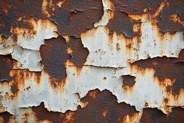 Peeling white paint and orange-brown rust on aged metal, flaking cracked layers and rough texture evoking decay and neglect