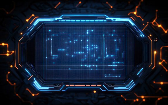 Blue holographic control screen framed by dark metallic console with neon circuitry and orange accents, glowing data grid and points conveying futuristic high-tech precision - Powered by Adobe