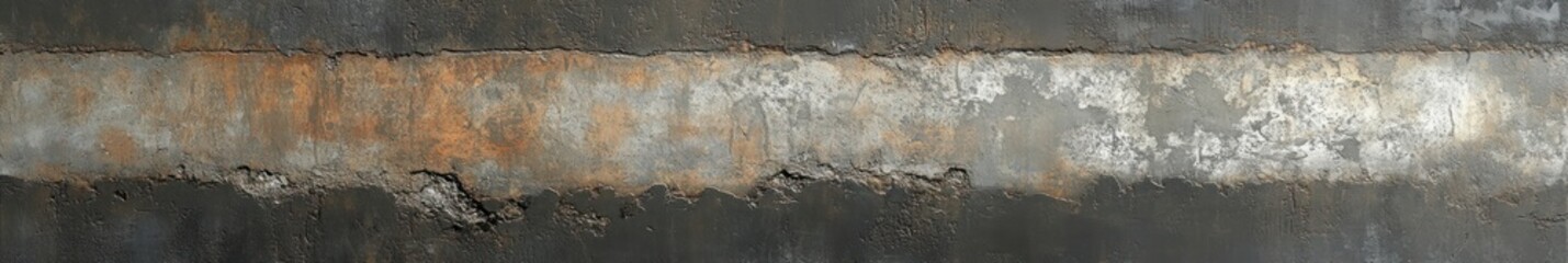 Fototapeta premium long weathered industrial wall with rust stains, peeling paint, flaking white layers and rough dark concrete evoking decay and urban grit