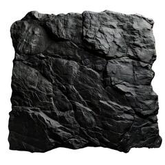Dark rugged rock formation featuring complex geological textures and fissures isolated on black