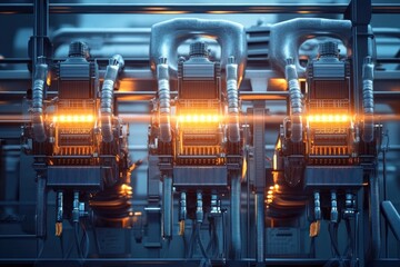 Three glowing industrial power modules with cables, metal pipes and orange lights in a cold futuristic factory scene conveying precision and intensity