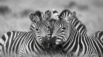 Two zebras nuzzling heads in tall grass, their striped coats pressed together in a calm, affectionate moment on the open savannah