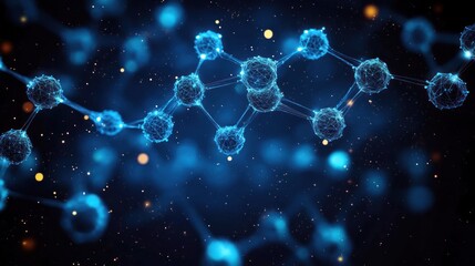 glowing blue molecular network of connected spherical nodes and bonds against a dark starry background, evoking curiosity and futuristic discovery
