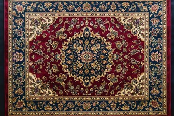 intricate red and navy oriental rug with central floral medallion, ornate borders and warm vintage elegance